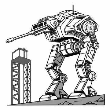 Large futuristic armored mech warrior combat robot standing next to a launch tower structure with science fiction giant robot sci fi robot wars modern warfare line art communication tower