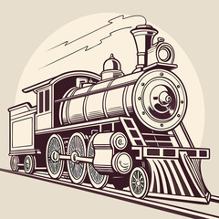 Vintage steam locomotive train on railway tracks detailed engraving style illustration for historical transport and travel concepts with locomotive transport railroad transportation industrial © riya