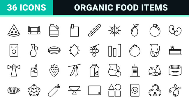 Organic fruit and healthy food minimalist line icons