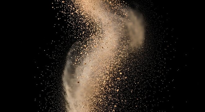 Dynamic explosion of tan powder and sand particles with motion blur against a black background