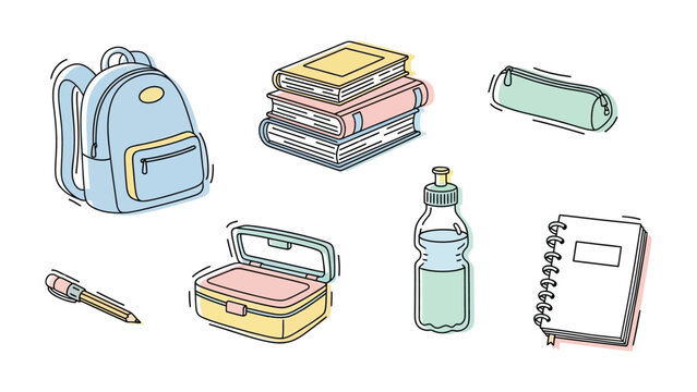 Essential School Supplies: A collection of school essentials, including a backpack, books, pencil case, lunchbox, water bottle, notebook and pen, all arranged in an appealing composition.