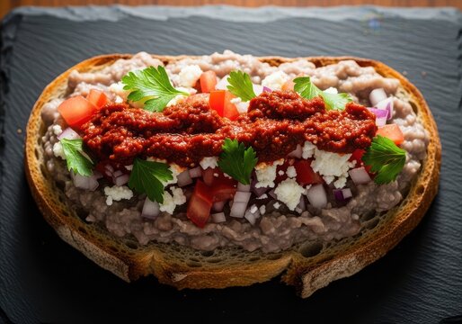 Delicious mollete with refried beans, cheese, salsa, and fresh herbs