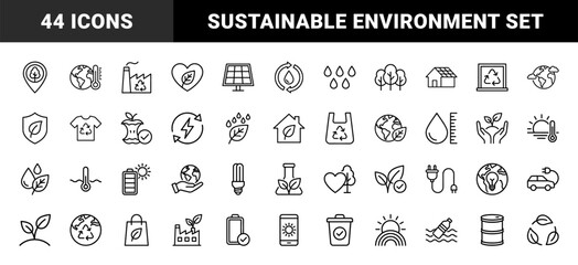Naklejka premium Sustainability and green energy outline icons for environmental conservation.