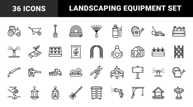 Minimalist garden tool icons set in thin line outline style