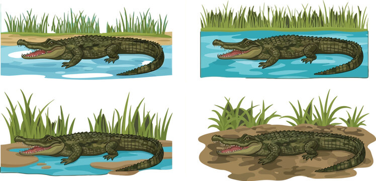 Alligators are displayed in a series of four distinct illustrations showing the reptile resting in various natural wetland habitats with tall green grass.
