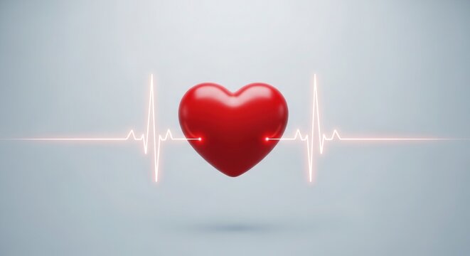 Stylized red heart symbol with digital heartbeat wave represents love and wellness for medical cardiology design or romantic healthcare concepts in minimalist studio light