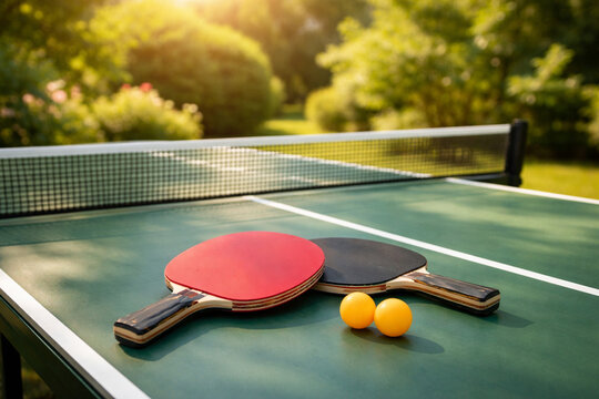 Ping Pong Paddles and Balls on Outdoor Table