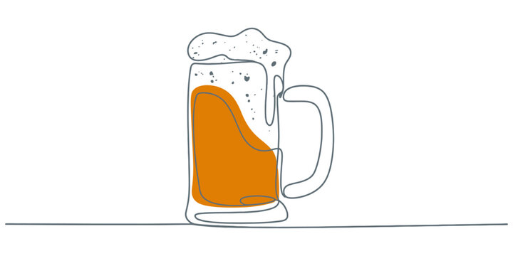 Beer mug filled with froth standing on plain white background. no editable strokes, one line drawing of beer glass with foam. Craft drink alcohol ale in simple line, representing cold beverage, refres