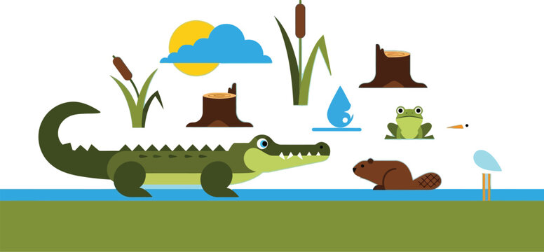 Alligator stands near a riverbank surrounded by various woodland elements and animals in a flat design illustration.