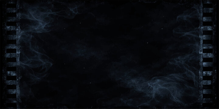 A dark grunge film strip background textures a night sky filled with lightning storms and smoke over a blue sea backdrop