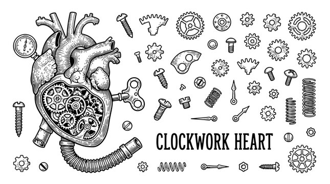 Steampunk Clockwork Heart Vector Illustration Set Featuring Gears, Screws, and Mechanical Elements in Vintage Line Art Style