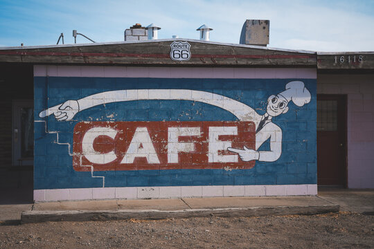 Truxton, Arizona - March 28, 2026: Old Cafe mural for the Frontier Motel and restaurant along Route 66 in Arizona