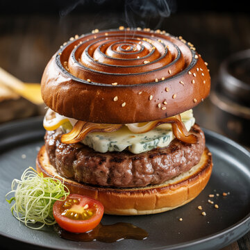 Gourmet Beef Burger with Blue Cheese and Caramelized Onions on Brioche Bun &ndash; Premium Restaurant Style Food Photography