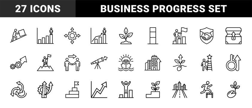 Business success and personal growth minimalist outline icon set, thin black line symbols on white grid, vector graphic.