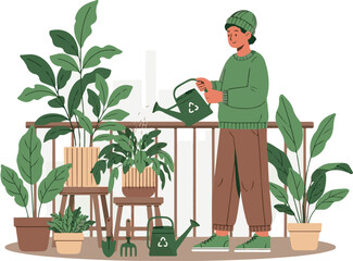 A person watering plants on a balcony with a green watering can © Freelancer  