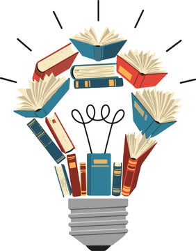 A creative illustration of books forming a lightbulb for education and inspiration