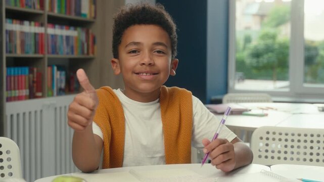 Cute African American ethnic little child son study writing showing thumb up smiling successful kid write school test happy show like at library motivated boy pupil studying smile looking at camera