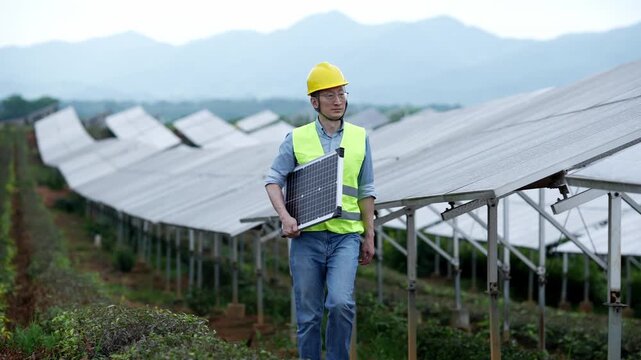 Engineer holding a solar panel while inspecting a photovoltaic power station in mountainous farmland