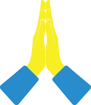 Yellow praying hands gesture blue sleeves folded together for greeting meditation or spiritual connection spiritual gesture