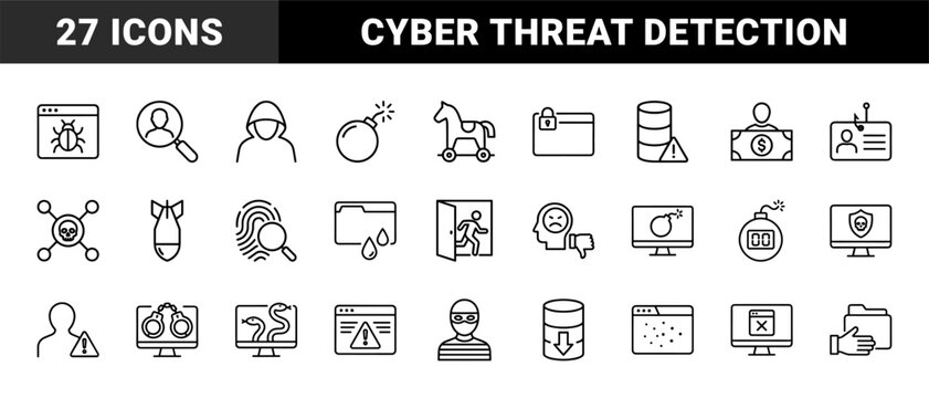 Cyber security and hacking minimalist line icons for web and app design.
