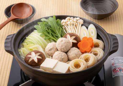 Japanese nabe hot pot with meatballs and vegetables