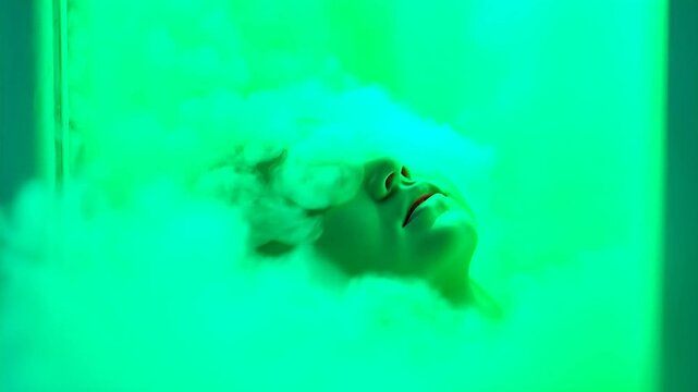 Woman undergoing cryotherapy treatment in clinical capsule. Patient experiencing cold therapy vapor in medical facility. Innovative health recovery technology concept.