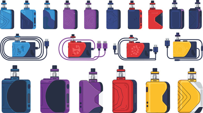 Large collection of modern electronic cigarette vape mod kits with usb chargers and colorful box designs isolated on white background flat vector illustration