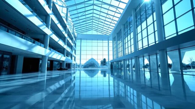 Spacious modern blue-toned commercial interior featuring a large glass skylight atrium, reflective polished floors, architectural white columns, and multiple floor levels in daylight.