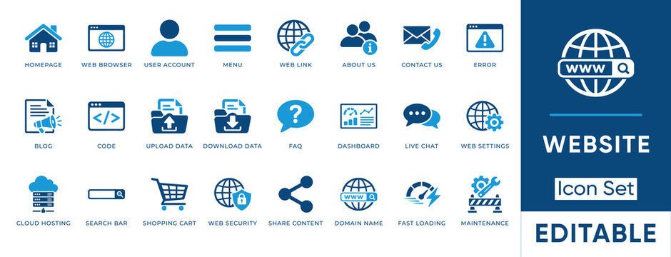 Website icon set. Containing homepage, web browser, dashboard, shopping cart, cloud hosting, live chat and more. Solid vector icons collection.