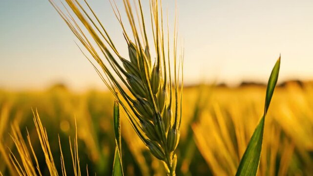 Close-up of a wheat stalk in a golden field at sunset.