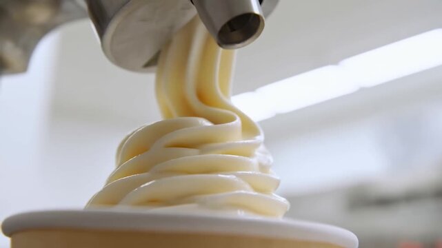 Close up slow motion of soft serve ice cream being dispensed into paper cup at shop counter interior