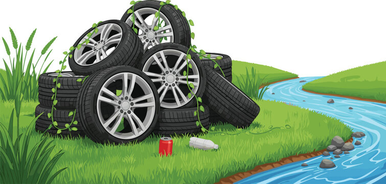 Environmental pollution with old car tires and plastic trash dumped in a green meadow by a clean river stream, ecological disaster concept, vector illustration