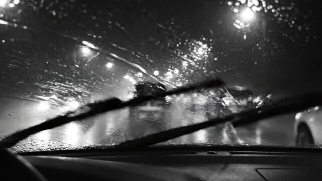Driving in a Heavy Rainstorm at Night Through the City Street with Windshield Wipers
