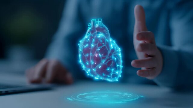 Doctor exploring digital heart hologram. Healthcare professional examining anatomy model projection. Medical research with innovative computer technology interface.