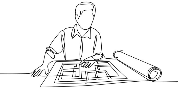 Continuous line drawing of an architect working on a house floor plan project at his office desk Vector, illustration