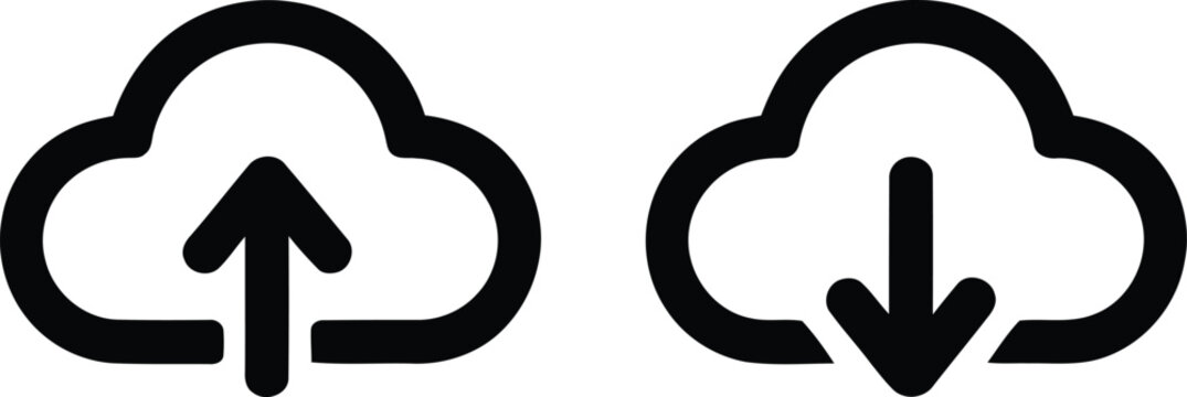 Black cloud icons representing file upload and data download actions for modern user interface navigation systems