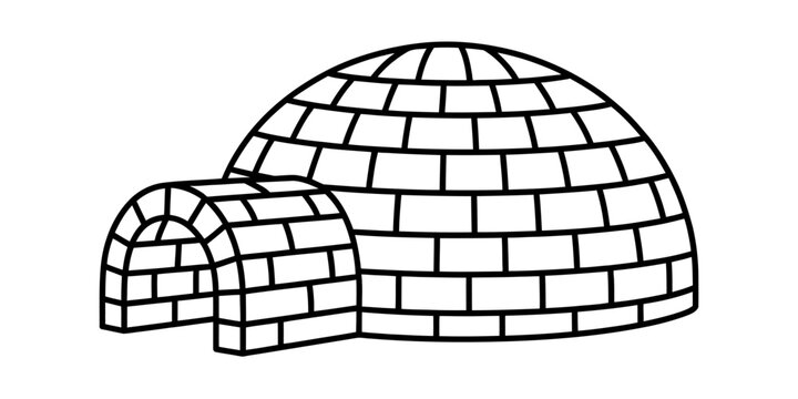 A simple black and white line drawing of a traditional dome shaped igloo made from ice blocks Vector, illustration