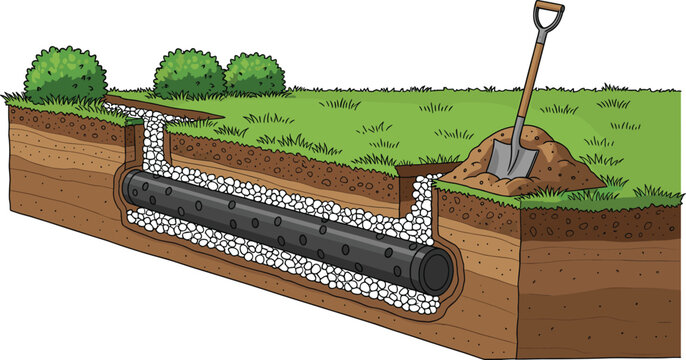 French drain system installation diagram showing perforated pipe gravel trench and soil layers for backyard water management landscaping drainage and foundation protection vector illustration