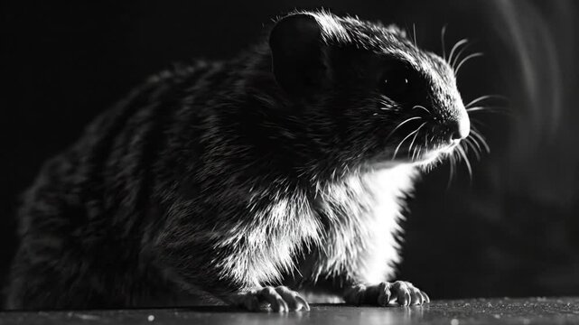 Black and white close up of a small furry pika animal with big ears sitting still in a dark room