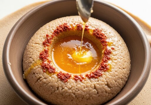 Traditional ethiopian genfo porridge with spiced butter and berbere