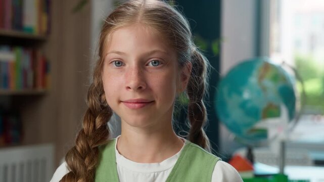 Close up serious Caucasian little girl child change mood cheerful kid looking at camera positive smiling in school lesson classroom schoolgirl schoolkid pupil daughter look happy in classroom library