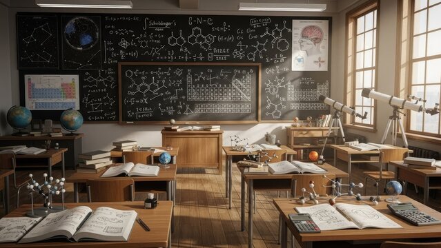 Vintage classroom interior with desks books and chalkboard for education concepts