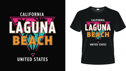 California Laguna Beach United States t-shirt design with retro neon triangle graphic palm trees and bold typography for summer surf apparel © Bappi