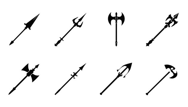 Medieval weapons vector, spear and axe silhouettes, fantasy warrior design elements