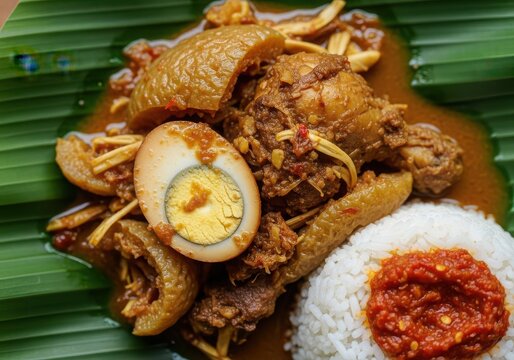 Traditional indonesian chicken curry with egg and rice on banana leaf