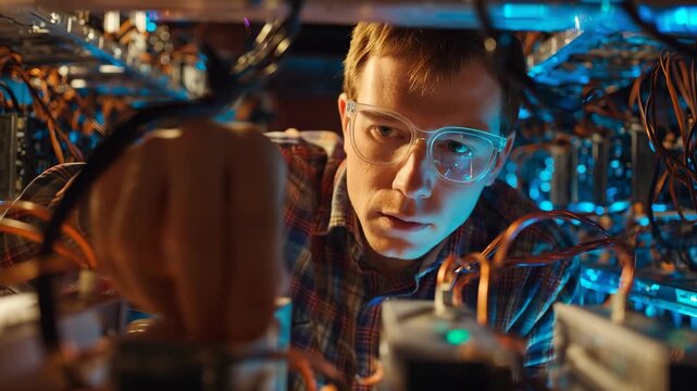 Young computer engineer focuses on Ethereum mining rig during late-night session in a high-tech room filled with servers