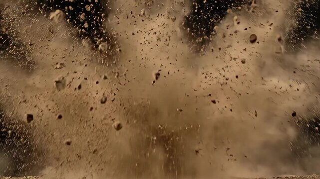 Cinematic slow motion explosion of brown soil and dust on black background