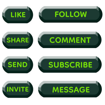 Elegant Dark Green Glossy 3D Social Media Button Set with Bright Lemon Green Typography Labels Like Follow Share Comment Subscribe Send Invite Message, Rounded Soft UI Elements, Fresh Modern Interface