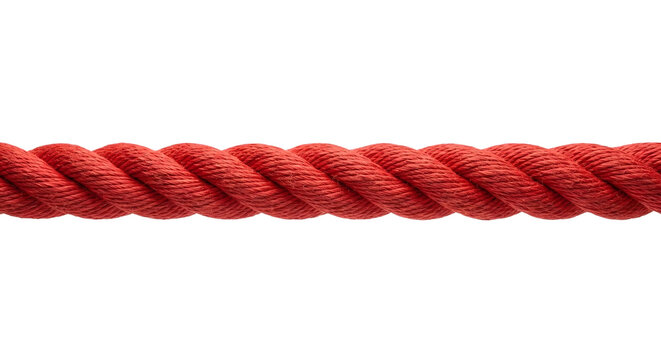 Thick twisted red rope or cord, for nautical or barrier use. Isolated on transparent background, png