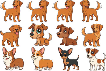 Fototapeta premium Cute Dog Breeds Collection Featuring Chihuahua Pug French Bulldog Dachshund Pomeranian and Mixed Puppies in Flat Cartoon Style Vector Illustration.